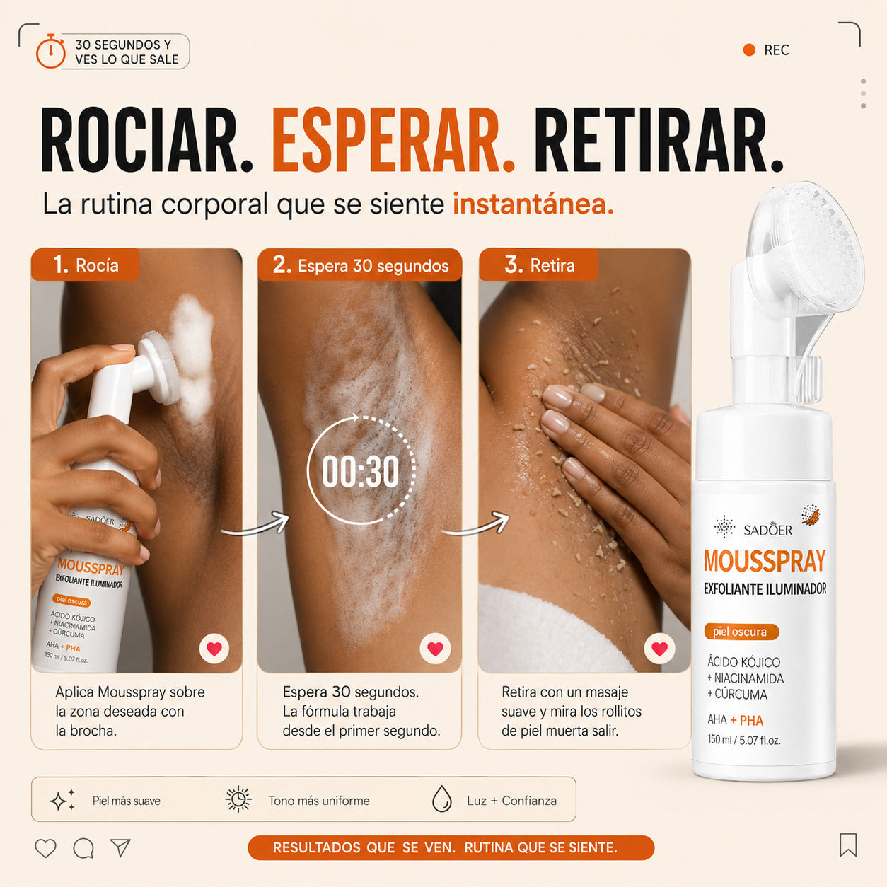 Mousspray Exfoliante e Hidratante de Piel - Zonas Oscuras y Ásperas