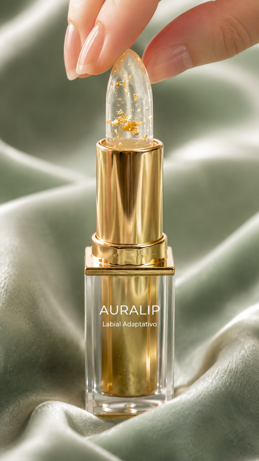 Labial AURALIP Transparente con Láminas de Oro - Se adapta al tono natural de tus labios.