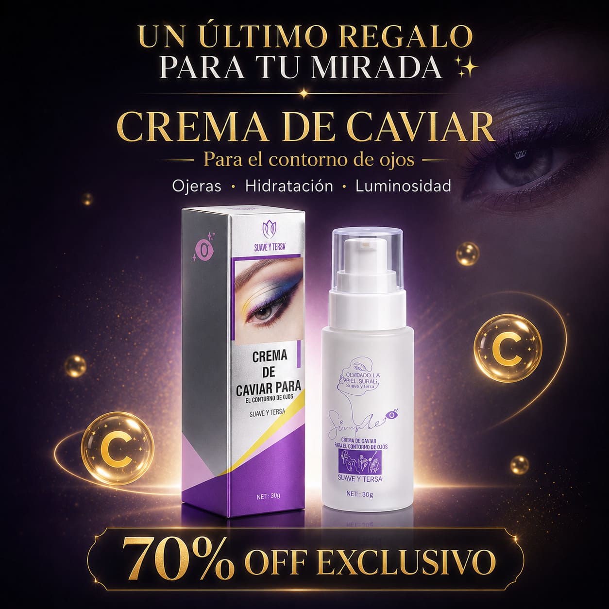 Crema de CAVIAR BLANQUEADORA de Contorno de Ojos - Piel Suave y Tersa en minutos